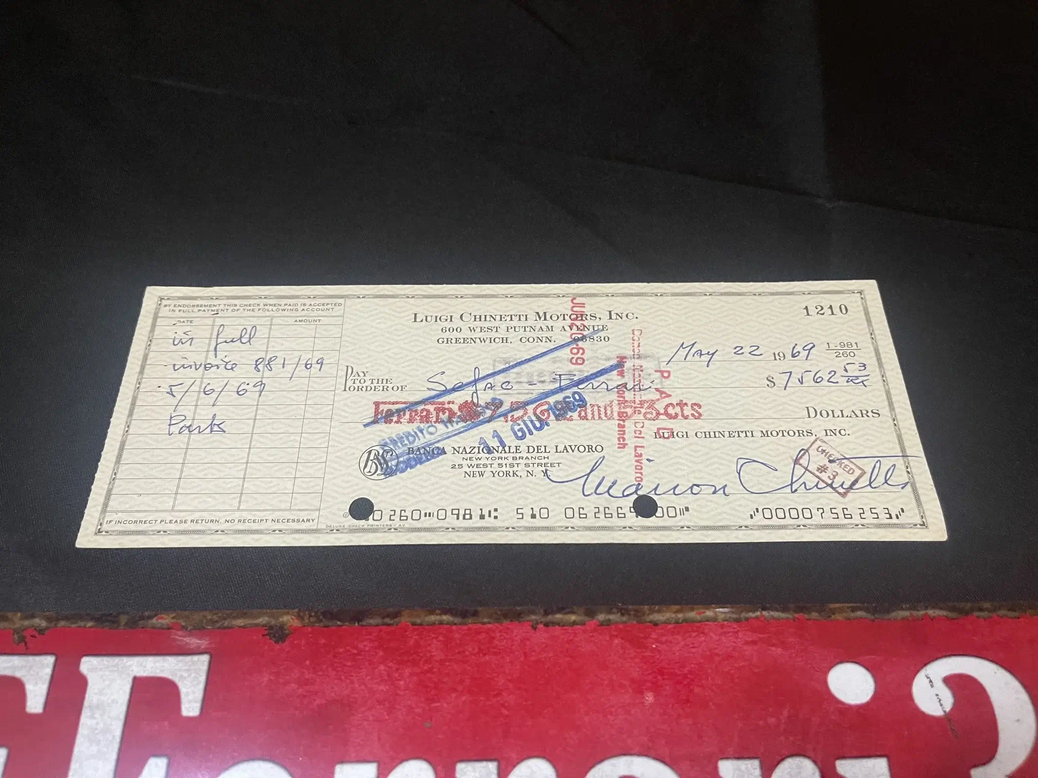 MP: Luigi Chinetti Check Endorsed by Enzo Ferrari | PCARMARKET